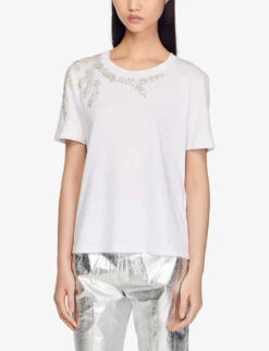 Sandro Rhinestone-embellished Cotton T-shirt -Whistles Shop R00059640 NATURELS ALT02