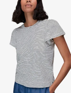 Whistles Striped Frill-sleeve Cotton-jersey T-shirt -Whistles Shop R03939555 MULTICOLOURED ALT02