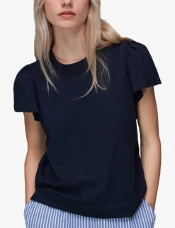 Whistles Round-neck Frilled-sleeve Cotton T-shirt -Whistles Shop R03950705 NAVY ALT02
