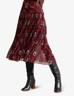 Ted Baker Ariello Floral-print Dropped-waist Pleated Woven Midi Skirt -Whistles Shop R04008504 RED ALT02