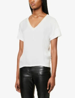 Ikks Metallic Ribbed V-neck Woven T-shirt -Whistles Shop R04063153 ECRU ALT02