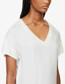 Ikks Metallic Ribbed V-neck Woven T-shirt -Whistles Shop R04063153 ECRU ALT04