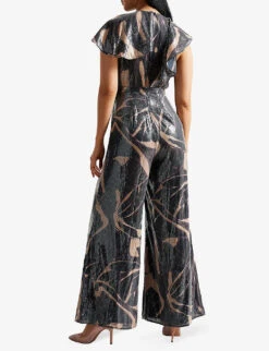 Ted Baker Printed Ruffle Sequin Jumpsuit -Whistles Shop R04084648 BLACK ALT02