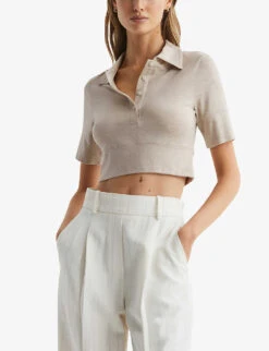 Reiss Eva Collared Cropped Stretch-knit Polo Top -Whistles Shop R04087043 NEUTRAL ALT02