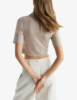 Reiss Eva Collared Cropped Stretch-knit Polo Top -Whistles Shop R04087043 NEUTRAL ALT03