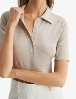 Reiss Eva Collared Cropped Stretch-knit Polo Top -Whistles Shop R04087043 NEUTRAL ALT04