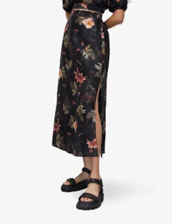 AllSaints Asta Floral-print Linen-blend Maxi Skirt -Whistles Shop R04087340 BLACK ALT02