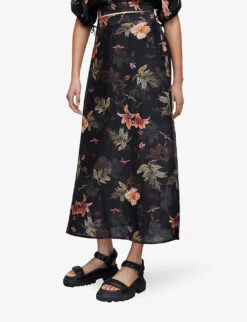 AllSaints Asta Floral-print Linen-blend Maxi Skirt -Whistles Shop R04087340 BLACK ALT04