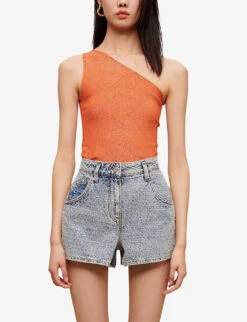 Maje Logo-patch High-rise Denim Shorts -Whistles Shop R04101896 BLEUS ALT02