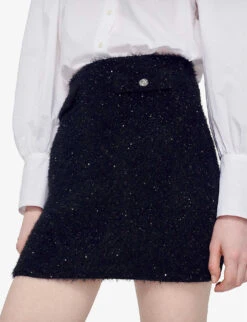 Sandro Sequin-embellished High-waist Tweed-knit Mini Skirt -Whistles Shop R04102319 NOIRGRIS ALT04