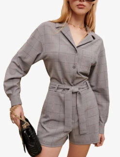 Maje Check-print Stretch Wool-blend Short Jumpsuit -Whistles Shop R04105498 NOIRGRIS ALT04