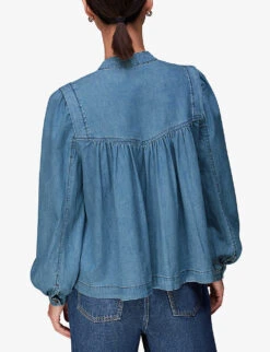 Whistles Mollie High-neck Chambray Denim Blouse -Whistles Shop R04109039 BLUE ALT03