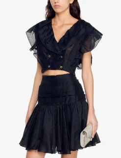 Sandro Ruffled Linen-blend Mini Skirt -Whistles Shop R04111267 NOIRGRIS ALT02