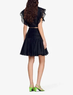 Sandro Ruffled Linen-blend Mini Skirt -Whistles Shop R04111267 NOIRGRIS ALT03