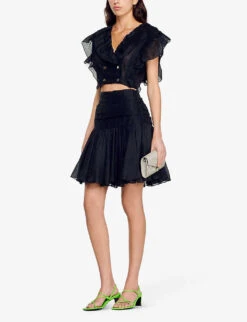 Sandro Ruffled Linen-blend Mini Skirt -Whistles Shop R04111267 NOIRGRIS ALT04