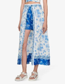 Sandro Albertville Floral-print Linen-blend Midi Skirt -Whistles Shop R04111314 BLEUS ALT02