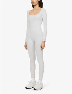 Square-neck Long-sleeved Stretch-cotton Unitard -Whistles Shop R04111529 LIGHTGREYMELANGE ALT02