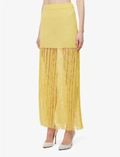 Casablanca Fringed High-waisted Knitted Midi Skirt -Whistles Shop R04133098 YELLOW ALT02
