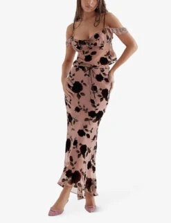 Imaan Floral Velvet Devore-embroidered Stretch-woven Maxi Skirt -Whistles Shop R04133537 DUSTYPINK ALT01