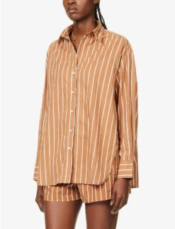 Faithfull The Brand Daija Striped Split-sides Cotton Shirt 9 Faithfull The Brand Daija Striped Split-sides Cotton Shirt -Whistles Shop R04135574 ADIASTRIPEPRTHAZELNUT ALT02