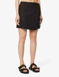 FRAME Wrap-front High-waist Organic-cotton Mini Skirt -Whistles Shop R04146415 NOIR ALT02