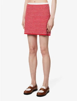 Miu Miu Scalloped-trim Striped Cotton-blend Mini Skirt -Whistles Shop R04149738 ROSSOBIANCO ALT02