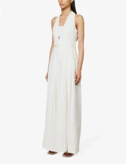 ME AND EM Pleated V-neck Regular-fit Wide-leg Woven Jumpsuit -Whistles Shop R04151468 CREAM ALT02