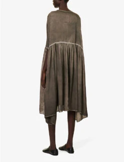 Agnus Gathered Flared-hem Silk Midi Dress -Whistles Shop R04152534 GREYBROWN ALT03