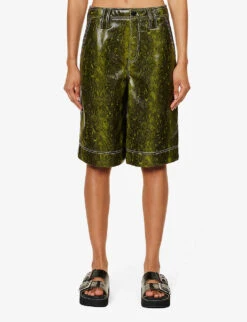 Ganni Snake-print Wide-leg Faux-leather Shorts -Whistles Shop R04152927 SPINACHGREEN ALT02