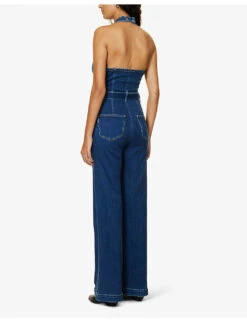 Paige Leenah Halterneck Flared-leg Stretch-denim Jumpsuit -Whistles Shop R04153193 MONTREUX ALT03