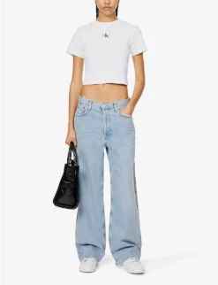 Calvin Klein CK-badge Ribbed Stretch-cotton T-shirt -Whistles Shop R04153234 BRIGHTWHITE ALT01