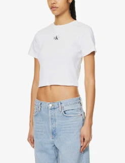 Calvin Klein CK-badge Ribbed Stretch-cotton T-shirt -Whistles Shop R04153234 BRIGHTWHITE ALT02