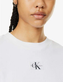 Calvin Klein CK-badge Ribbed Stretch-cotton T-shirt -Whistles Shop R04153234 BRIGHTWHITE ALT04