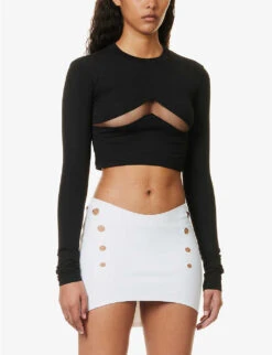 Cut-out Panel Cropped Slim-fit Stretch-cotton Top -Whistles Shop R04158085 BLACK ALT02