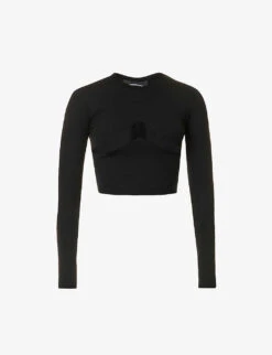 Cut-out Panel Cropped Slim-fit Stretch-cotton Top