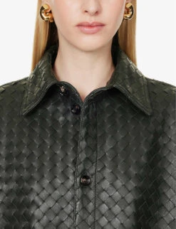 Bottega Veneta Intrecciato Dipped-hem Leather Shirt -Whistles Shop R04159965 DARKGREEN ALT04