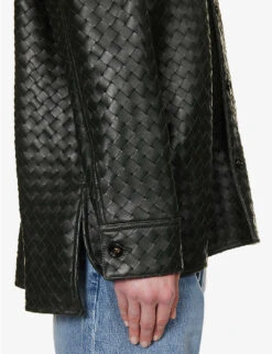 Bottega Veneta Intrecciato Dipped-hem Leather Shirt -Whistles Shop R04159965 DARKGREEN ALT05