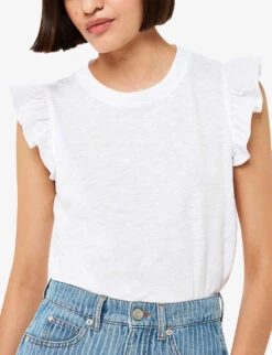 Whistles Frilled-sleeve Cotton-jersey T-shirt -Whistles Shop R04164046 WHITE ALT02