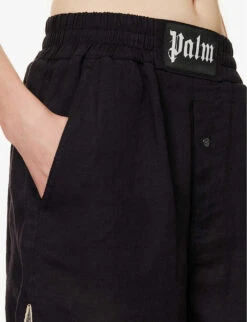 Palm Angels Logo-patch High-rise Linen Shorts -Whistles Shop R04166266 BLACKBLACK ALT05