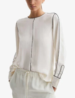 Reiss Estella Contrast-tip Long-sleeve Stretch-woven Blouse -Whistles Shop R04169209 CREAM ALT02