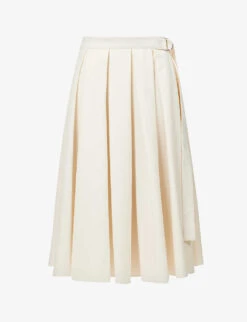 Pleated High-waisted Organic-cotton Midi Skirt