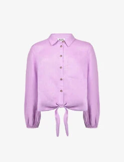 Tie-hem Long-sleeved Linen Top