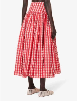 Gingham-print Flared-hem Woven Maxi Skirt -Whistles Shop R04179386 ROUGEFUCHSIA ALT03
