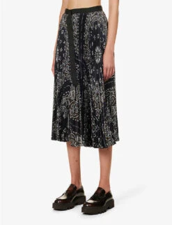 Sacai Pleated Paisley-print Woven Midi Skirt -Whistles Shop R04180387 NAVY ALT02