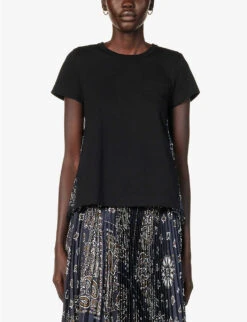 Sacai Bandana-pattern Contrast-panel Cotton T-shirt -Whistles Shop R04180390 BLACKNAVY ALT02