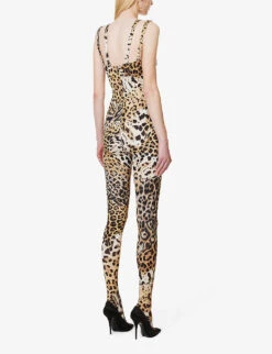 Roberto Cavalli Leopard-print Charm-embellished Stretch-woven Jumpsuit -Whistles Shop R04180664 MULTICOLOUR ALT03