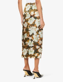 Dries Van Noten Floral-pattern Split-hem Silk-blend Midi Skirt -Whistles Shop R04180725 AMBER ALT03