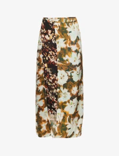 Dries Van Noten Floral-pattern Split-hem Silk-blend Midi Skirt