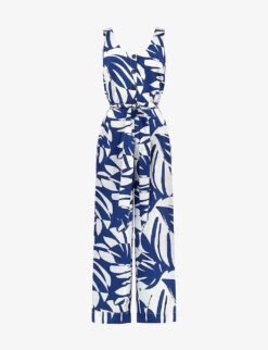 Navy Palm Print Culotte Jumpsuit