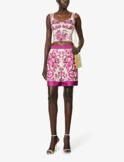 Dolce & Gabbana Maioliche Graphic-print Silk Shorts -Whistles Shop R04188995 TRISMAIOLICHEFUXIA ALT01